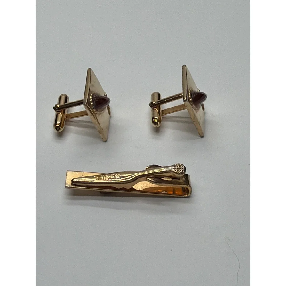 Swank Vintage‎ Mens Gold Tone Cufflinks and Tie Clip Set Red Stone MCM Square